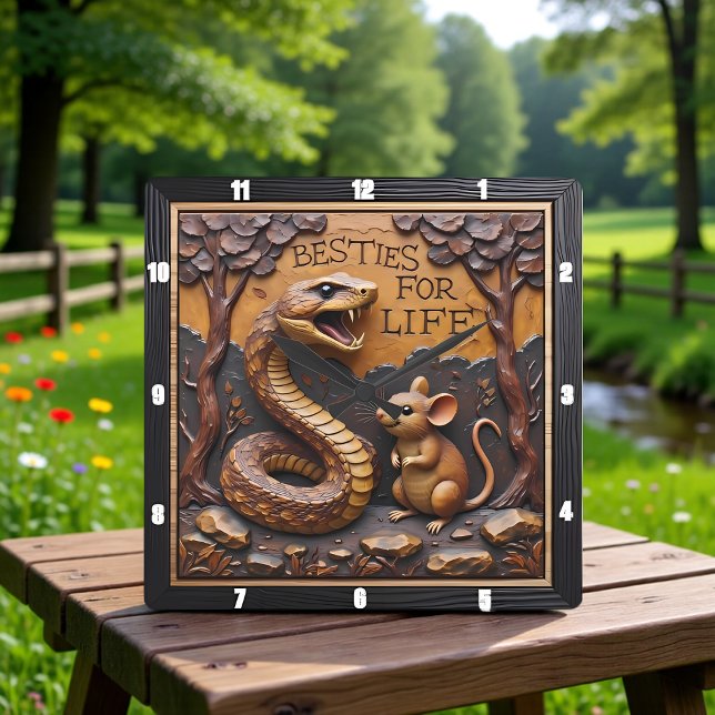 Snake Rat Friendship Wood Square Wall Clock (Creator Uploaded)