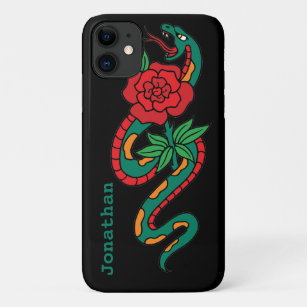 Snake Wrapped Around a Red Rose, Tattoo Art iPhone 11 Case
