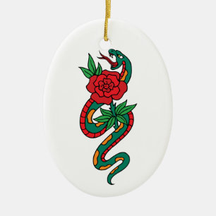 Snake Wrapped Around a Red Rose Tattoo Art Ceramic Ornament