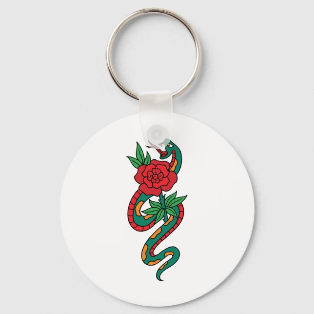 Snake Wrapped Around a Red Rose Tattoo Art Keychain (Front)