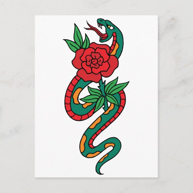 Snake Wrapped Around a Red Rose Tattoo Art Postcard (Front)
