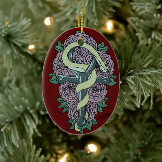 Snake wrapped around ankh tattoo art by Katy c. Ceramic Ornament