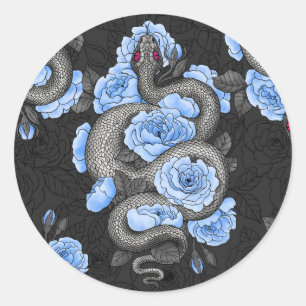 Snakes and blue roses classic round sticker