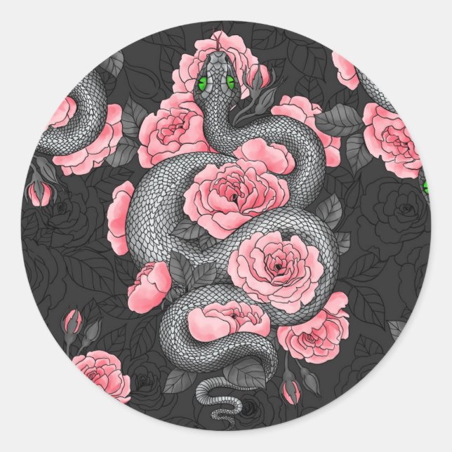 Snakes and  peach roses classic round sticker (Front)