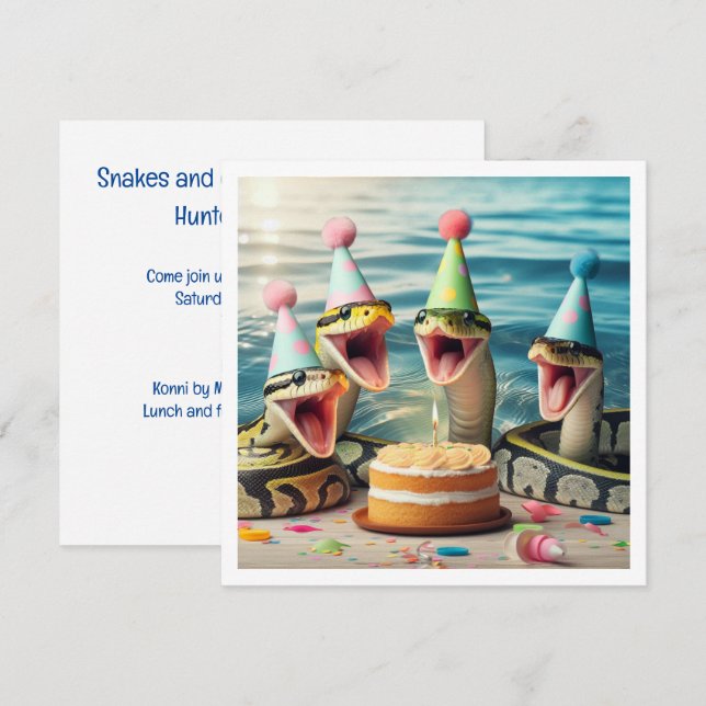 Snakes eating cake birthday invitation, reptile invitation (Front/Back)
