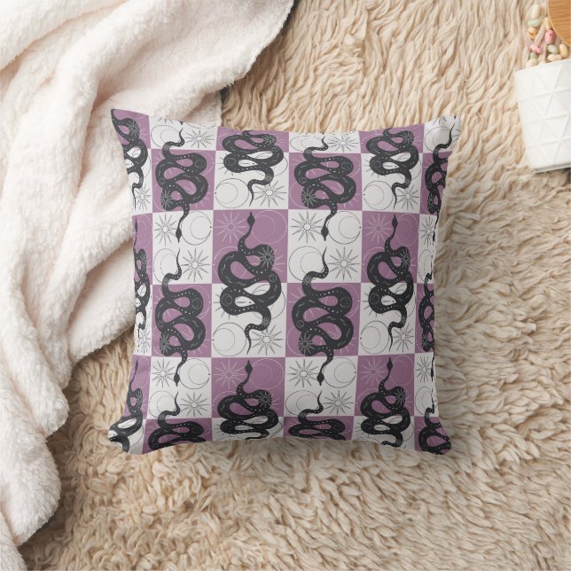 Snakes Sun Moon Checkers Minimal Modern Pink Throw Pillow (Blanket)