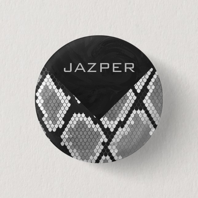 Snakeskin Grey, White, and Black Monogrammed 1 Inch Round Button (Front)