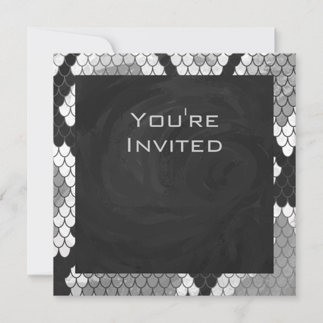 Snakeskin Grey, White, and Black Monogrammed Invitation (Front)