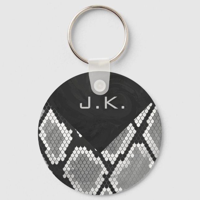 Snakeskin Grey, White, and Black Monogrammed Keychain (Front)