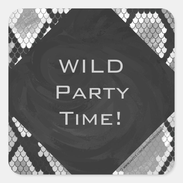 Snakeskin Grey, White, and Black Monogrammed Square Sticker (Front)