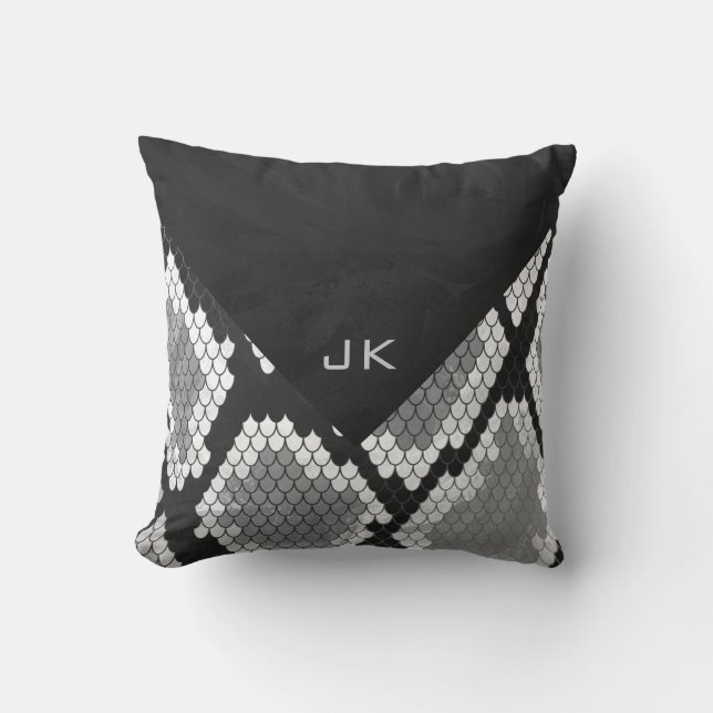 Snakeskin Grey, White, and Black Monogrammed Throw Pillow (Front)