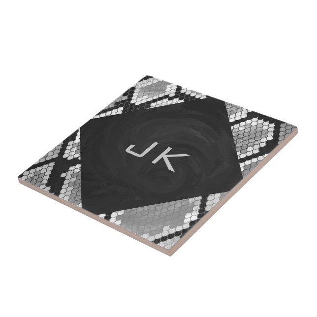 Snakeskin Grey, White, and Black Monogrammed Tile (Side)