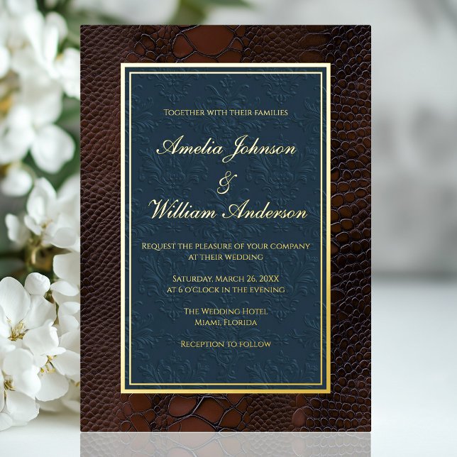 Snakeskin Leather Victorian Brown Blue Wedding (Snakeskin Leather Victorian Brown Blue Wedding Foil Invitation)