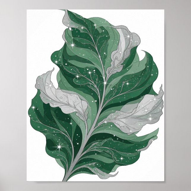 Snappy Silver GREEN LEAF WITH STARS Design Poster (Front)