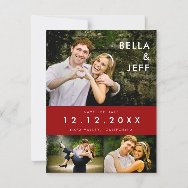 Snapshots Wedding in Red Save the Date Card (Front)