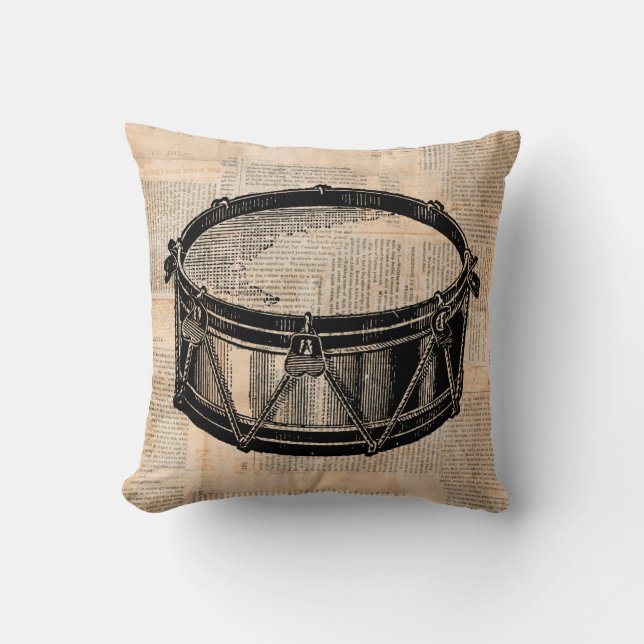Snare Drum with Newspaper Background Music Art Throw Pillow (Front)