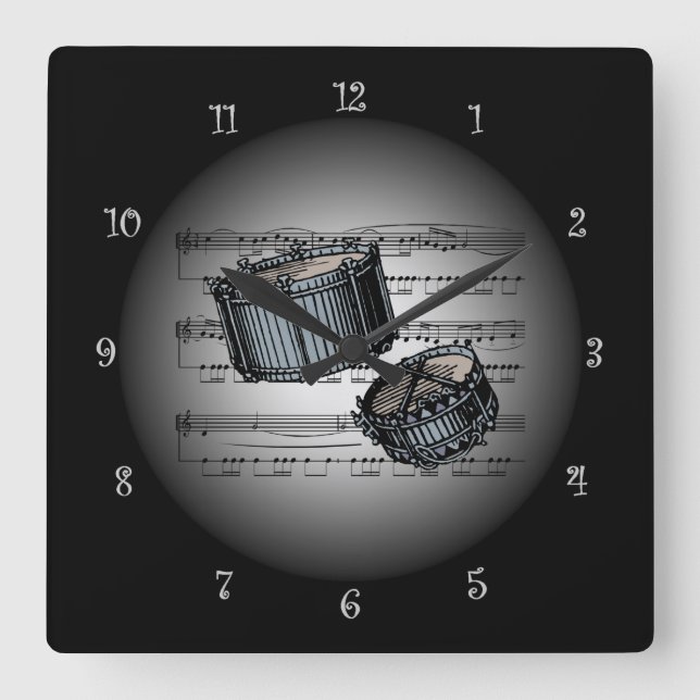 Snare Drums ~ 3-D Sheet Music ~Silver & Black Back Square Wall Clock (Front)