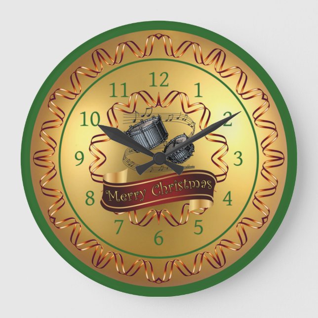 Snare Drums ~ Musical Scroll ~ “Merry Christmas”  Large Clock (Front)
