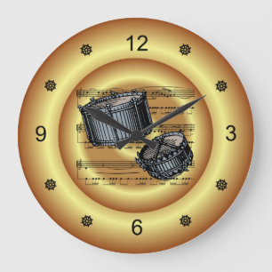 Snare Drums ~ Sheet Music ~ Gold Background ~  Large Clock