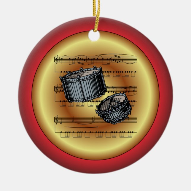 Snare Drums~Sheet Music~Red/Green/Gold~Christmas~ Ceramic Ornament (Front)