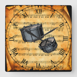 Snare Drums ~ Vintage Sheet Music Background ~ Square Wall Clock