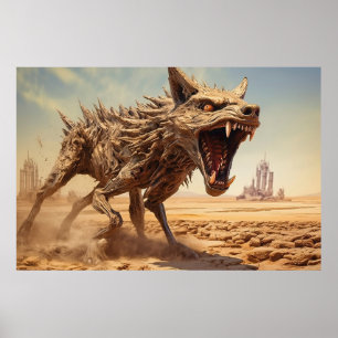 Snarling coyote on a desolate landscape poster