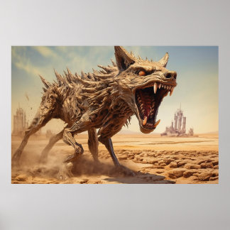 Snarling coyote on a desolate landscape poster