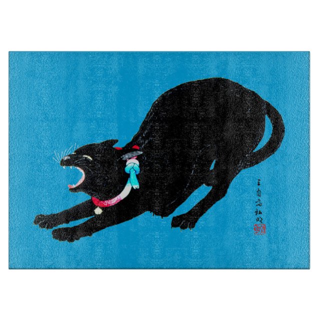 Snarling Hissing Black Japanese Cat Cutting Board (Front)
