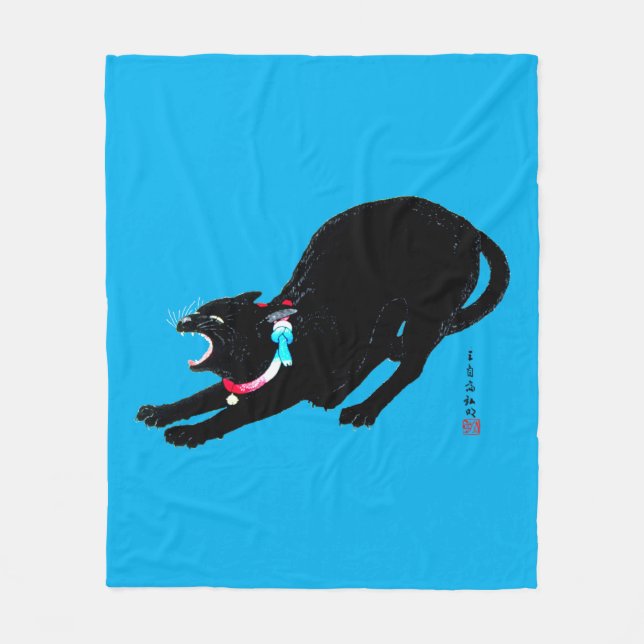 Snarling Hissing Black Japanese Cat Fleece Blanket (Front)
