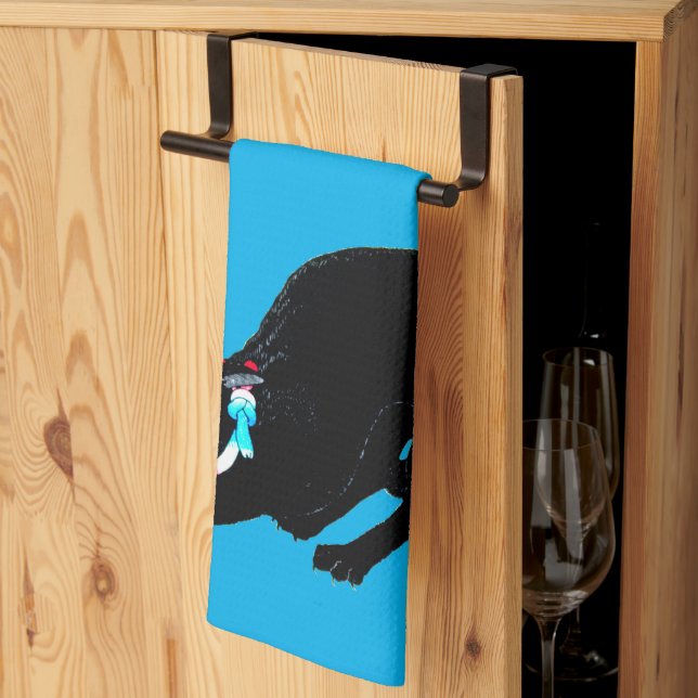 Snarling Hissing Black Japanese Cat Kitchen Towel (Thirds Fold)