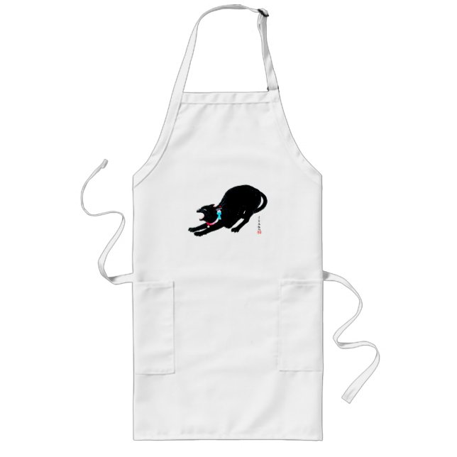 Snarling Hissing Black Japanese Cat Long Apron (Front)
