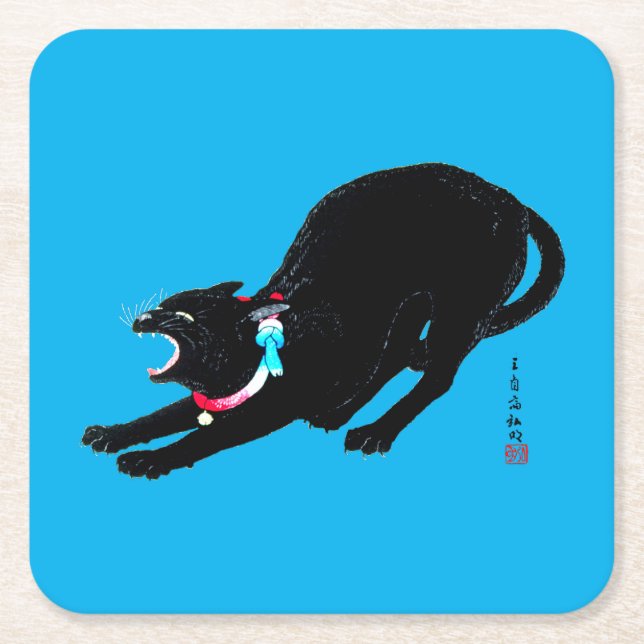 Snarling Hissing Black Japanese Cat Square Paper Coaster (Front)