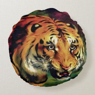 Snarling Tiger Artistic Portrait Round Pillow