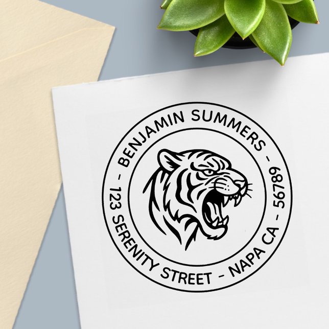 Snarling Tiger Profile Round Address Self-inking Stamp (Creator Uploaded)