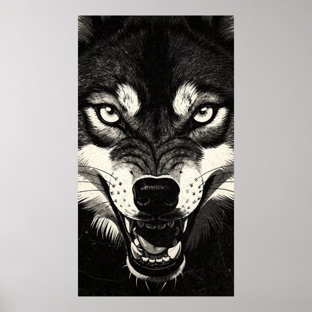 Snarling Wolf 50s Black White Graphics Style  Poster (Front)