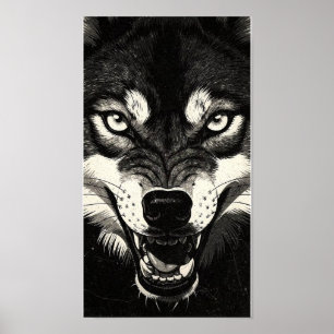Snarling Wolf 50s Black White Graphics Style Poster