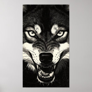 Snarling Wolf 50s Black White Graphics Style Poster