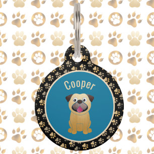 Snazzy Black Teal Pug and Pawprints Dog Name Pet Tag