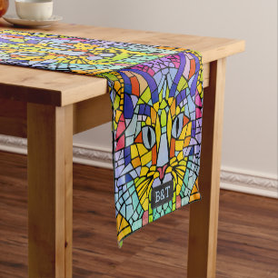 Snazzy Cat Mosaic in Rainbow Colours Fun Tiled Sho Short Table Runner