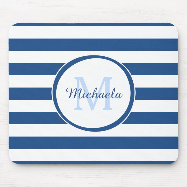 Snazzy Deep Blue Solid Stripes Name and Monogram Mouse Pad (Front)
