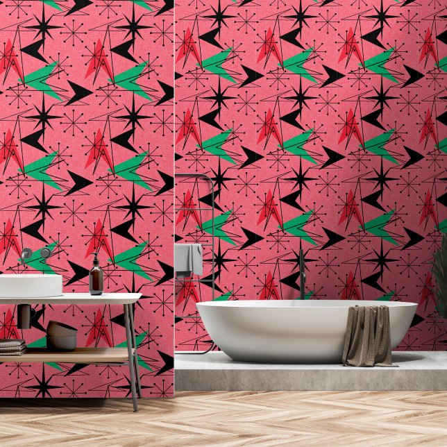 Snazzy Orange Aqua Black Atomic Arrows Starbursts  Wallpaper (Bathroom)