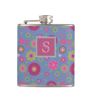 Snazzy Pink and Blue Flower Pattern Monogram Hip Flask
