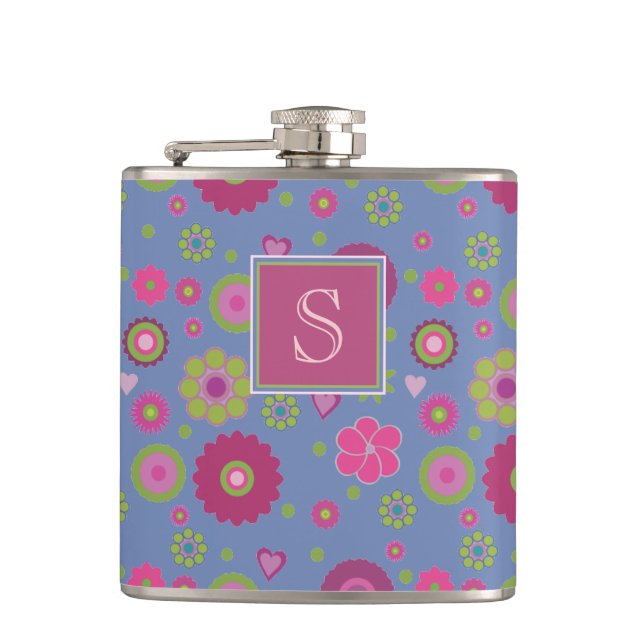 Snazzy Pink and Blue Flower Pattern Monogram Hip Flask (Front)