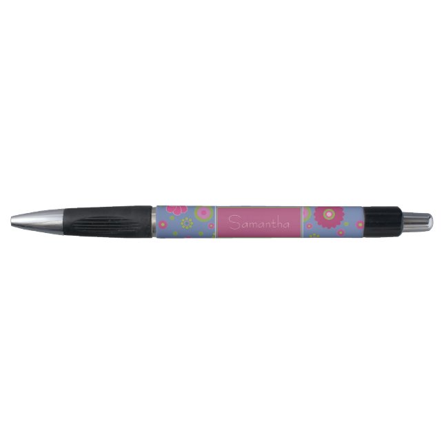 Snazzy Pink and Blue Flower Pattern Personalised Pen (Front)