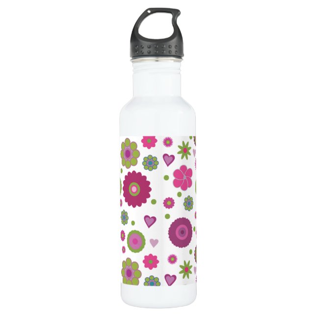 Snazzy Purple and Green Flower Pattern on White 710 Ml Water Bottle (Front)