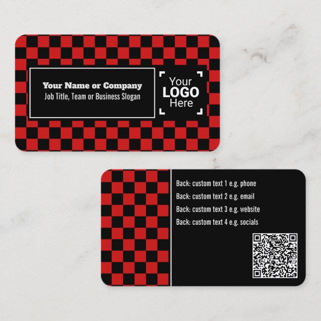 Snazzy Red / Black Chequered Own Text, QR, Logo Business Card (Front/Back)