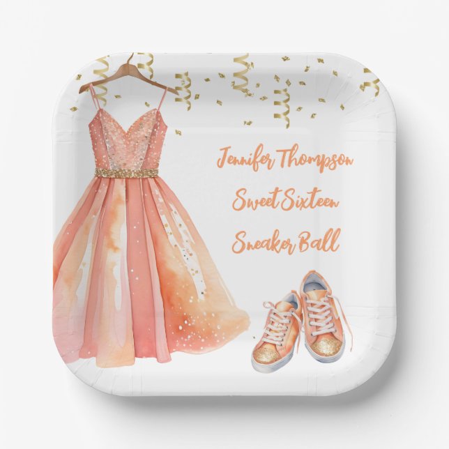 Sneaker Ball Sweet 16 Peach & Gold Glitter  Paper Plate (Front)