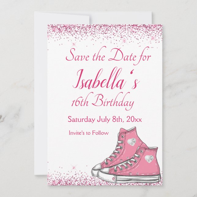 Sneaker Birthday, Glitter Sweet 16 Save The Date (Front)