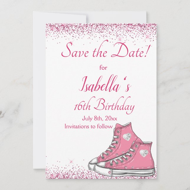 Sneaker Birthday, Glitter Sweet 16 Save The Date (Front)