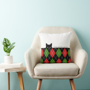 Sneaky Cat Argyle Red Green Black Throw Pillow